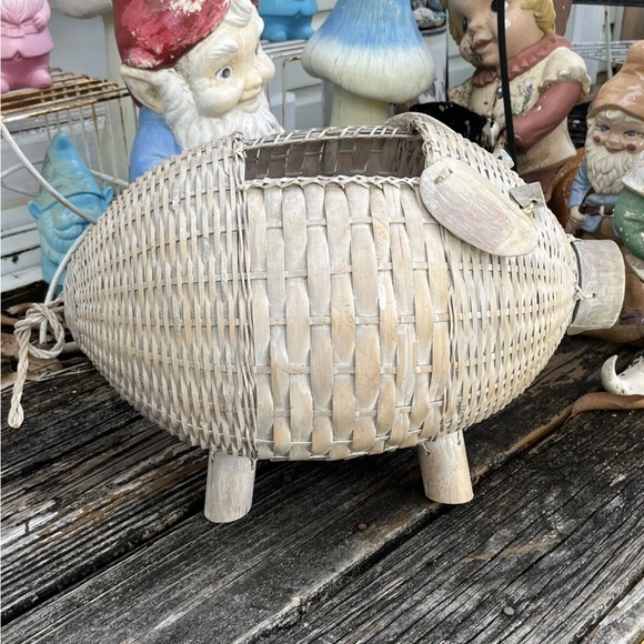 Gray Pig Wicker Basket Planter Large Hand Woven MCM Mid Century Vintage 50s 60s - Picture 5 of 9